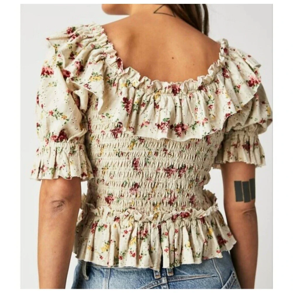 Free People Favorite Girl Crop Top Puff Sleeve Floral Cottagecore Coquette